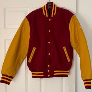 Stewart & Strauss Red Varsity Jacket Yellow Leather Sleeves Striped Trim Size S